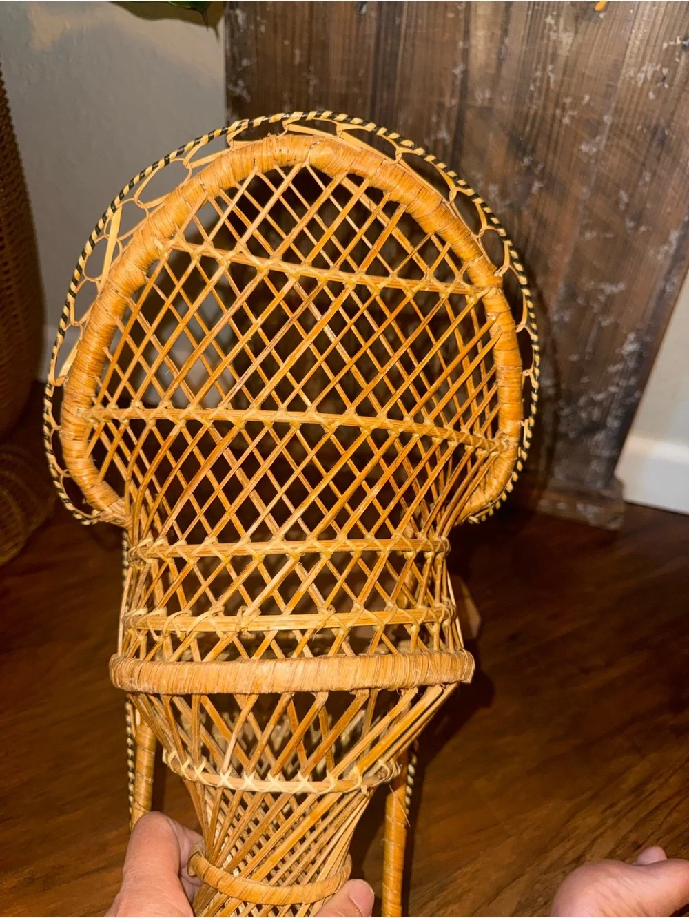 Vtg Peacock Fan Back Rattan Chair 13.5” Plant Stand Wicker Boho